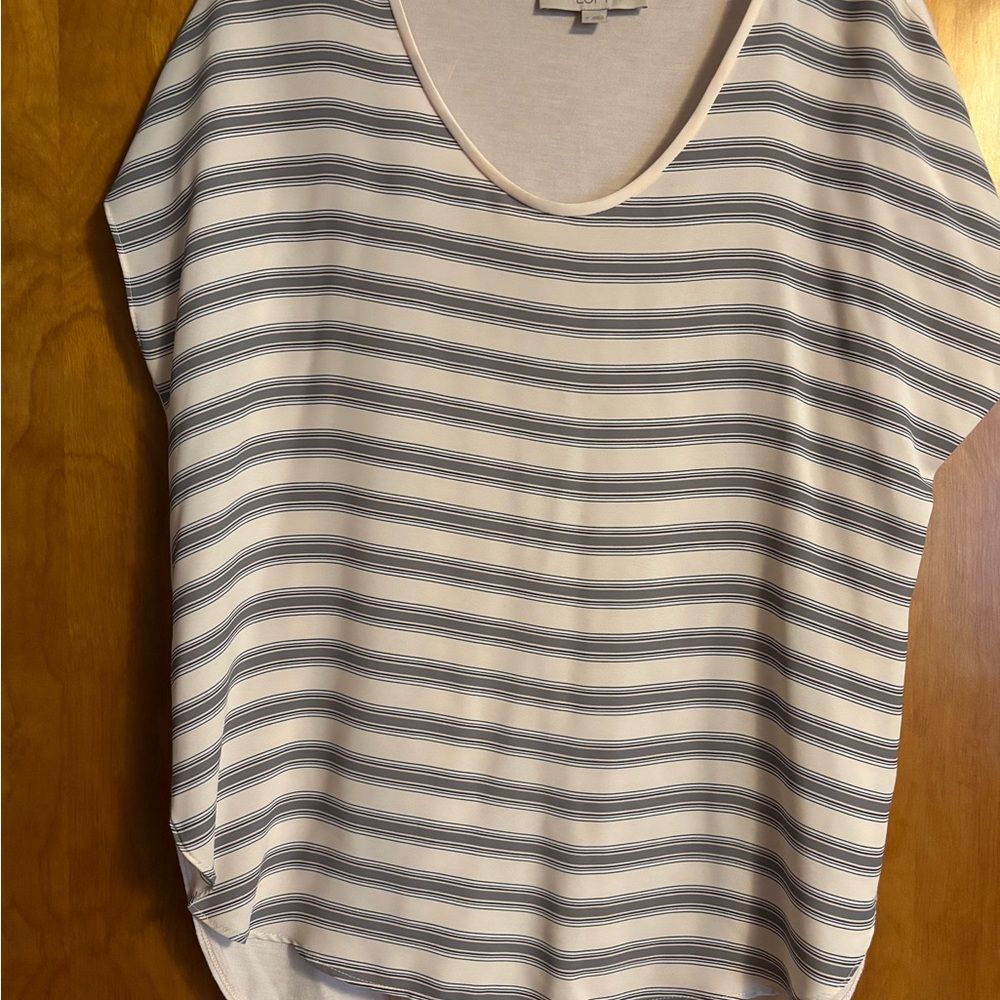 LOFT Pink and Gray Striped Mixed Media Relaxed Fit Blouse
